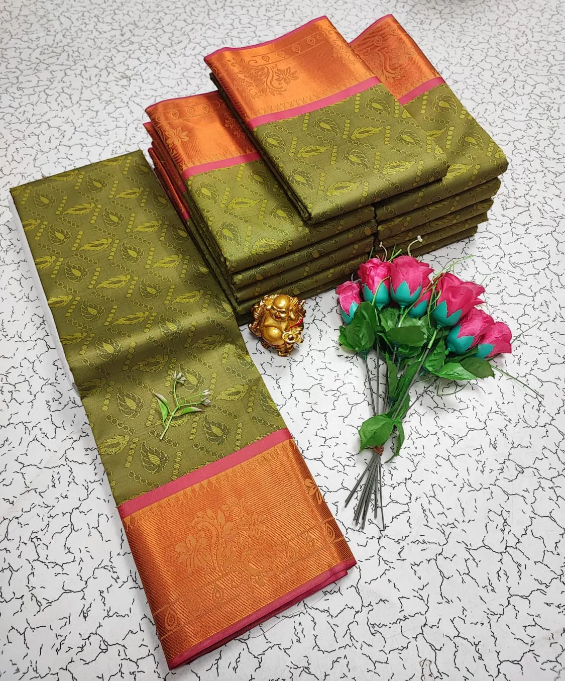 Olive Green with Rani Pink Copper Orange Zari Soft Silk Saree